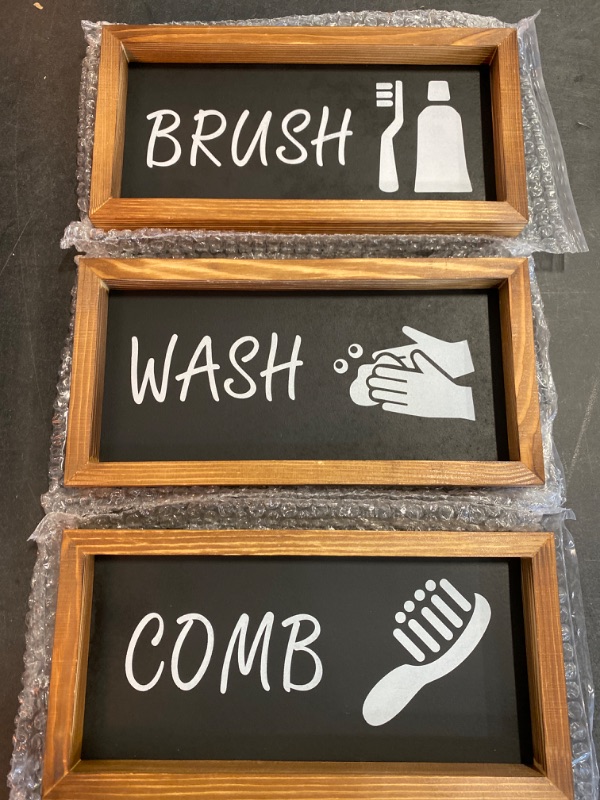 Photo 1 of LIBWYS Bathroom Sign & Plaque (Set of 3) Wash Your Hands Brush Your Teeth Comb Your Hair Decorative Rustic Wood Farmhouse Bathroom Wall Decor (Black)
