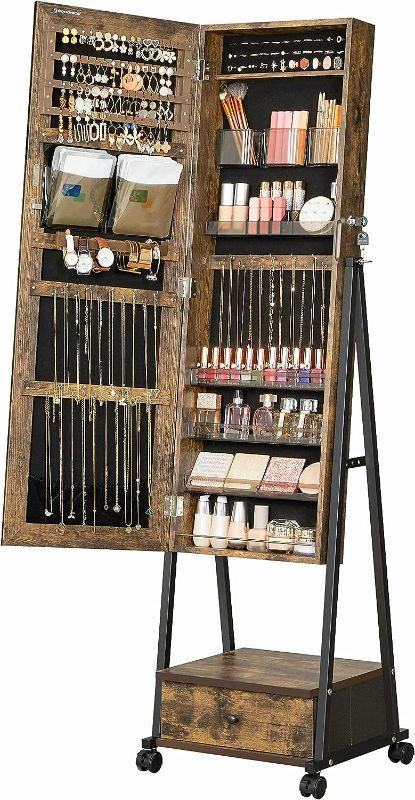 Photo 1 of SONGMICS Jewelry Cabinet Floor Standing, Lockable Jewelry Organizer with High Full-Length Mirror, Bottom Drawer, Shelf, Wheels, Jewelry Armoire, Gift Idea, Christmas Gifts, Rustic Brown and Black
