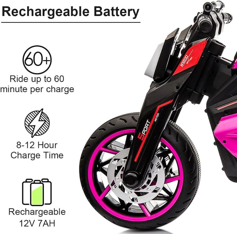 Photo 3 of Tobbi 12V Kids Ride On Motorcycle Toys 3 Wheels Electric Trike Motorcycle for Boys and Girls in Rose Red
