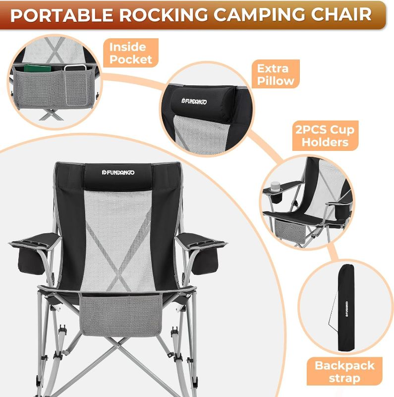 Photo 2 of FUNDANGO Rocking Camping Chair for Adults, Portable Rocker Folding Camp Chairs Outdoor for Porch, Outside, Backyard, Patio, Lawn(Black/Grey)
