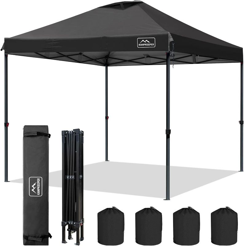 Photo 1 of KAMPKEEPER Pop-up-Canopy-Tent-10'x10', Air Vent on The Top, 4 Sand Bags, UPF 50+ and Waterproof Shelter, 3 Adjustable Height with Wheeled Carrying Bag and 8 Stakes, Outdoor Instant Canopy(Black)

