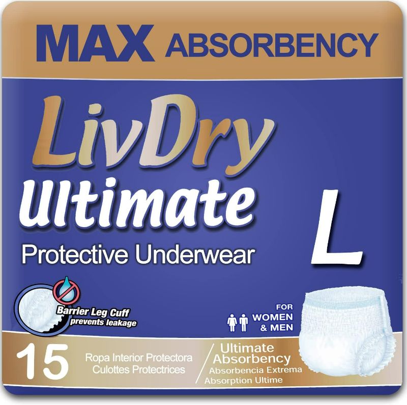 Photo 1 of LivDry Large Ultimate Adult Pull Ups for Women and Men, Incontinence Underwear, High Absorbency, L, 15-Pack
