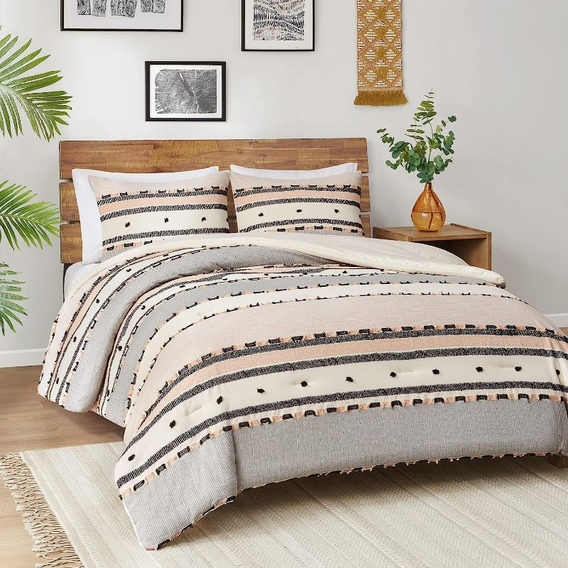 Photo 1 of Hyde Lane Boho King Comforter Set ?Modern Farmhouse Tufted Bedding Sets, Cotton Top with Neutral Rustic Style Clipped Jacquard Stripes, 3-Pieces Including Matching Pillow Shams (104x90 Inches)


