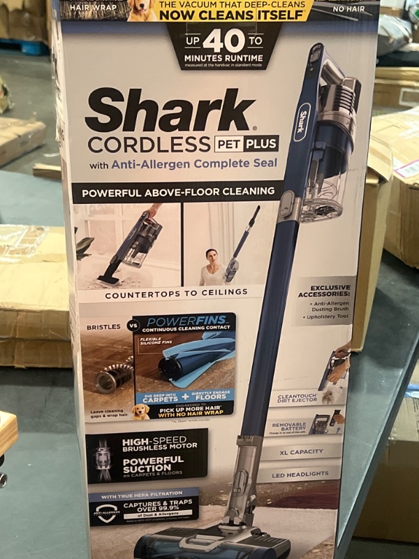 Photo 2 of Shark IZ361H Pet Plus Anti-Allergen Cordless Stick Vacuum, Lightweight with Self-Cleaning Brushroll, PowerFins, Removable Handheld, Crevice, Upholstery, & Anti-Allergen Tools, 40 Min Runtime, Blue