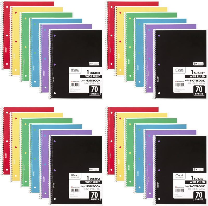 Photo 1 of Mead Spiral Notebook, 24 Pack, 1-Subject, Wide Ruled Paper, 7-1/2" x 10-1/2", 70 Sheets per Notebook, Color Will Vary (05510)
