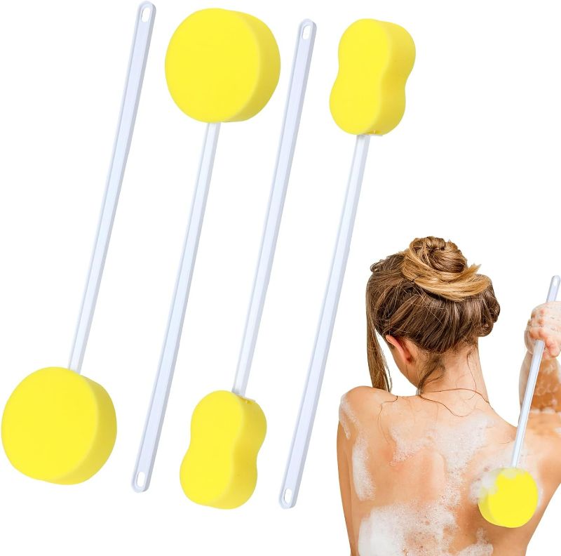 Photo 1 of Uiifan 4 Pcs Long Handle Bath Sponge Yellow Back Sponge on a Stick Round and 8 Shape Back Washer for Shower White Handle Butt Scrubber Bathing Brush for Foot Body Cleaning Bathing Limited Motion
