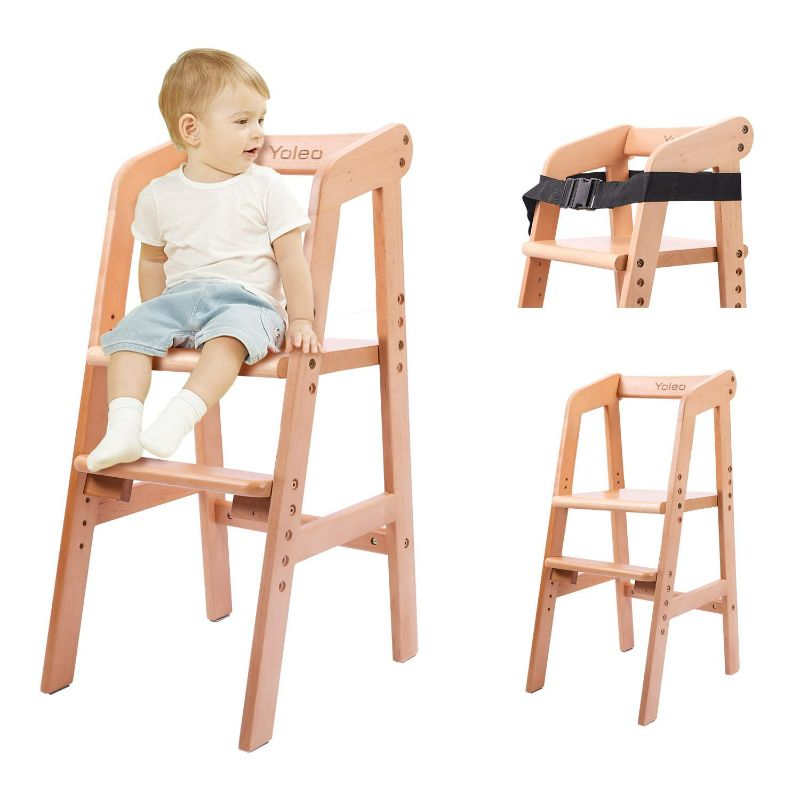 Photo 1 of YOLEO High Chair Wooden for Toddlers Junior Childs, Sturdy Durable Dining Feeding Chair with Steps Grows with Child, Max 60kg (Natural Color)
