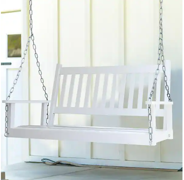 Photo 1 of 5 ft. White Outdoor Wooden Patio Porch Swing with Chains and Curved Bench
