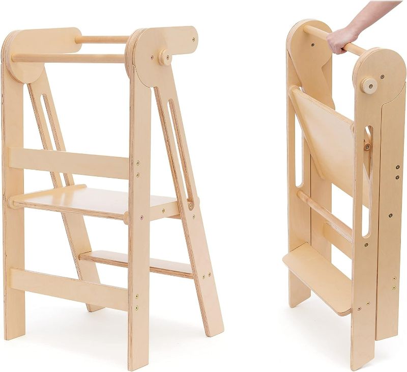 Photo 1 of Foldable Standing Kitchen Stool for Kids, Toddler Tower (Natural Wood Color)
