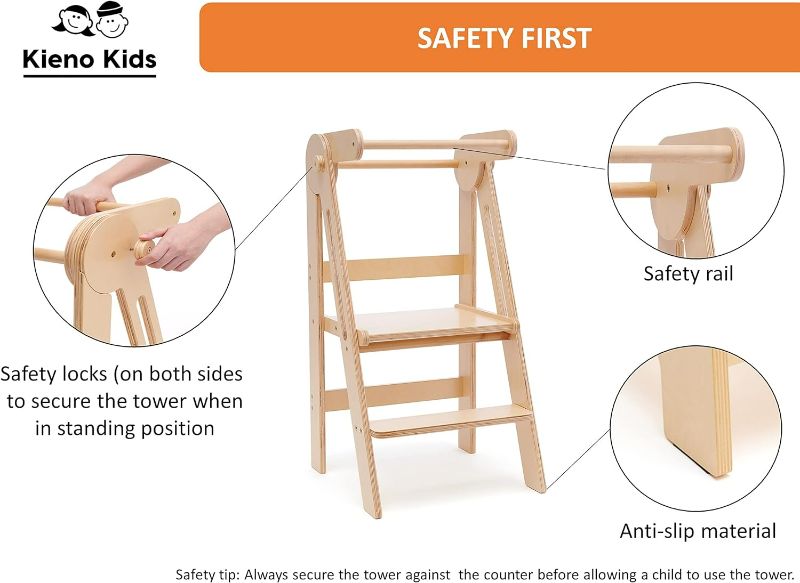 Photo 2 of Foldable Standing Kitchen Stool for Kids, Toddler Tower (Natural Wood Color)
