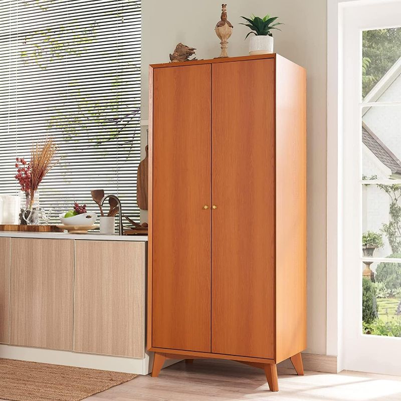 Photo 1 of OKD Storage Cabinet w/Adjustable Shelves, 72" Tall Mid Century Modern Kitchen Pantry with Door, 20" Deep Armoire Closet w/Hanging Rod Versatile Storage for Bathroom, Laundry, or Living Room, Cherry
