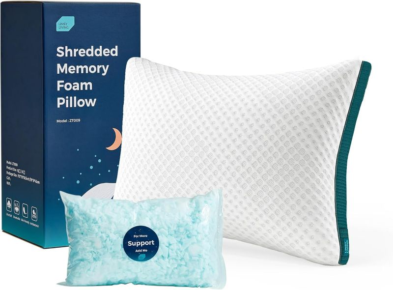 Photo 1 of LINSY LIVING Shredded Memory Foam Pillow, Gel Infused Pillow with Tencel™ Washable Cover, Adjustable Firm Bed Pillows for Back, Stomach, Side Sleepers, CertiPUR-US & Oeko-TEX Certified, King
