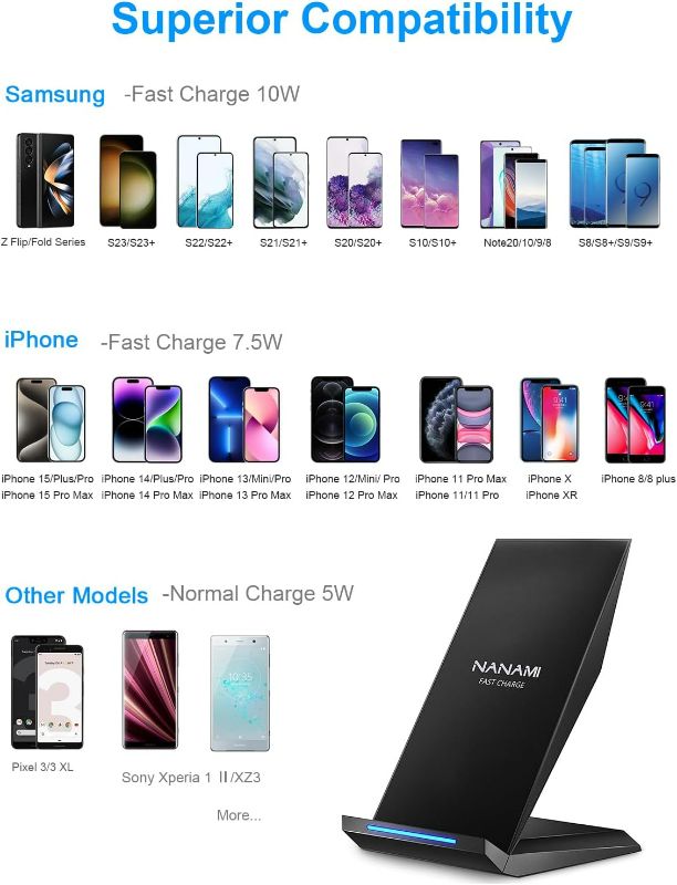 Photo 2 of Fast Wireless Charger,NANAMI Qi Certified Wireless Charging Stand Compatible iPhone 15/15 Pro/15 Plus/15 Pro Max/14/14 Pro/13/12/11,Samsung Galaxy S23/S22/S21/S20/Note 20 Ultra and Qi-Enabled Phone
