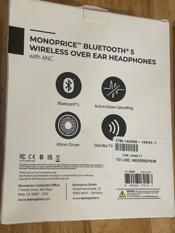 Photo 4 of Monoprice BT-250ANC Bluetooth Wireless Over Ear Headphones with Active Noise Cancelling (ANC) Lightweight and Comfortable, 2?Hour Charge Time,Black