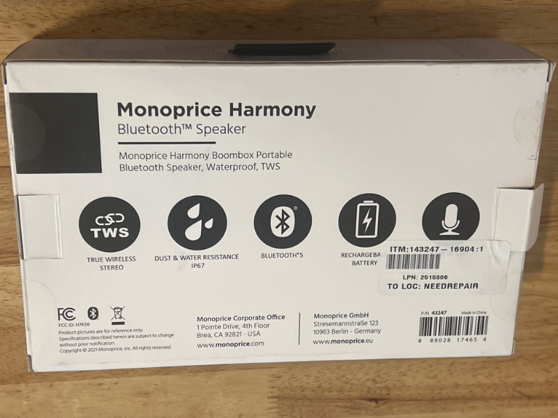 Photo 4 of Monoprice Harmony Boombox Portable Bluetooth Speaker | Waterproof, TWS, Wireless Connectivity Up To 32 Feet, Builtin Microphone For Voice Calls, For Home, Outdoor, Travel
