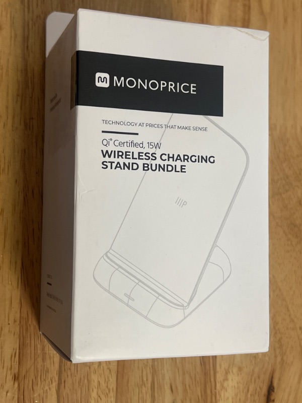 Photo 2 of Monoprice Wireless Charger, Qi-Certified 15W Fast Charging Stand with QC3.0 AC Adapter for iPhone 12/12 Pro/11/11 Pro/XR/XS/X/8/8+/Airpods, Galaxy S21/S20/Note 10/Note 10+/S10/S10+/S9/S8