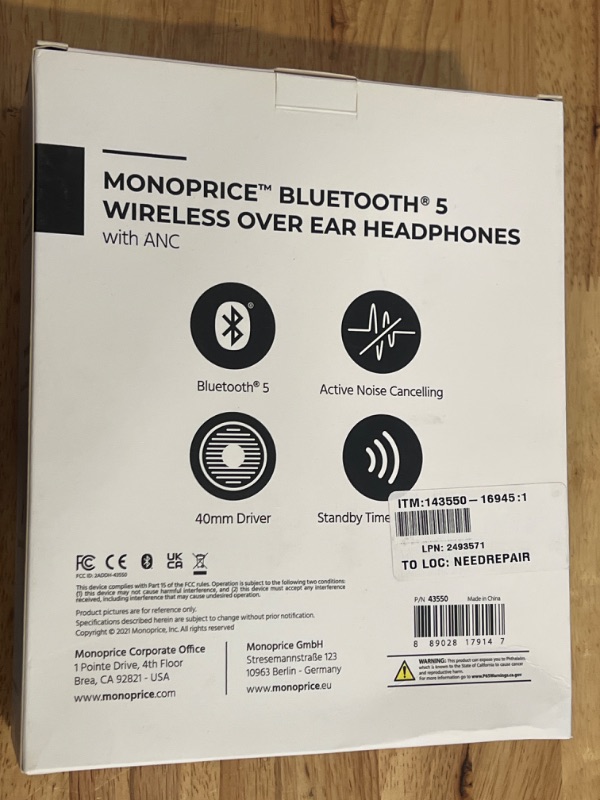 Photo 3 of Monoprice BT-250ANC Bluetooth Wireless Over Ear Headphones with Active Noise Cancelling (ANC) Lightweight and Comfortable, 2?Hour Charge Time,Black