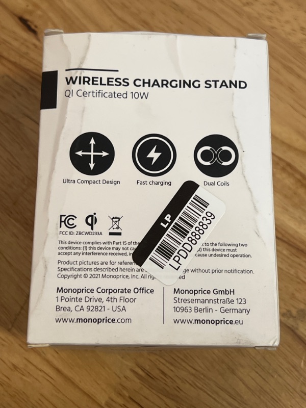 Photo 4 of Monoprice Wireless Charger, Qi-Certified 15W Fast Charging Stand with QC3.0 AC Adapter for iPhone 12/12 Pro/11/11 Pro/XR/XS/X/8/8+/Airpods, Galaxy S21/S20/Note 10/Note 10+/S10/S10+/S9/S8
