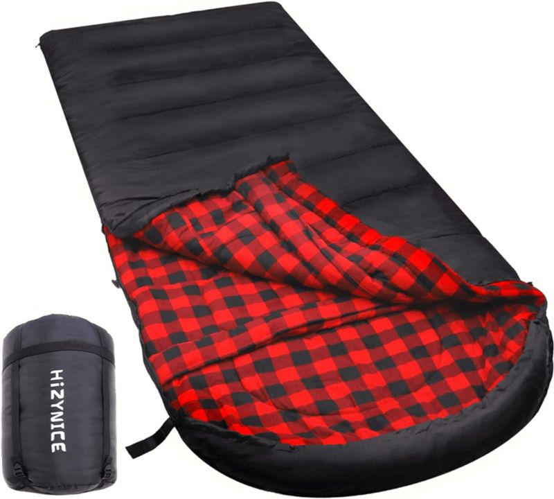 Photo 1 of HiZYNICE 0 Degree Sleeping Bag 100% Cotton Flannel XXL for Adults Big and Tall Cold Weather Winter Zero Degree Camping,Free Compression Sack
