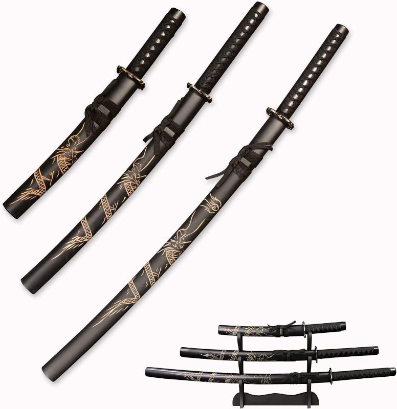 Photo 1 of Handmade Japanese Katana 3-Piece Set,with Display Stand, Medium Carbon Steel Samurai Sword,with a Variety of Styles to Choose from B-White-Engraved With Dragon Pattern