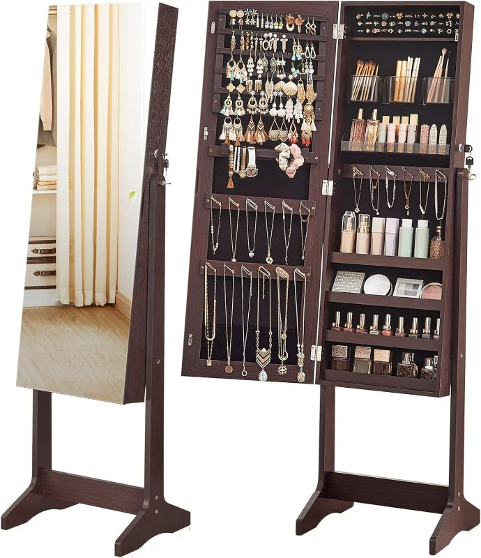 Photo 1 of Jewelry Cabinet Armoire, Freestanding Lockable Storage Unit with 2 Plastic Cosmetic Storage, Full-Length Frameless Mirror, for Necklace Earring, Brown 