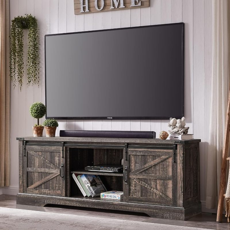 Photo 1 of  TV Stand for 75 Inch TV with Sliding Barn Door, Rustic Wood Entertainment Center Large Media Console Cabinet Long Television Stands for 70 Inch TVs, Dark Rustic Oak