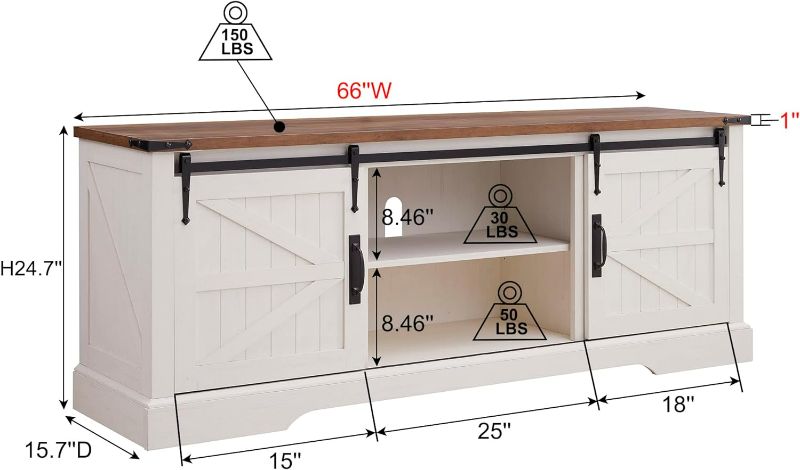 Photo 2 of TV Stand for 75 Inch TV with Sliding Barn Door, Rustic Wood Entertainment Center Large Media Console Cabinet Long Television Stands for 70 Inch TVs, Antique White