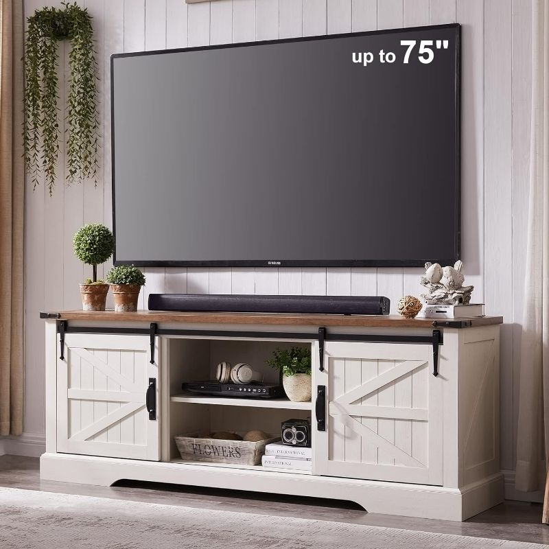 Photo 1 of TV Stand for 75 Inch TV with Sliding Barn Door, Rustic Wood Entertainment Center Large Media Console Cabinet Long Television Stands for 70 Inch TVs, Antique White