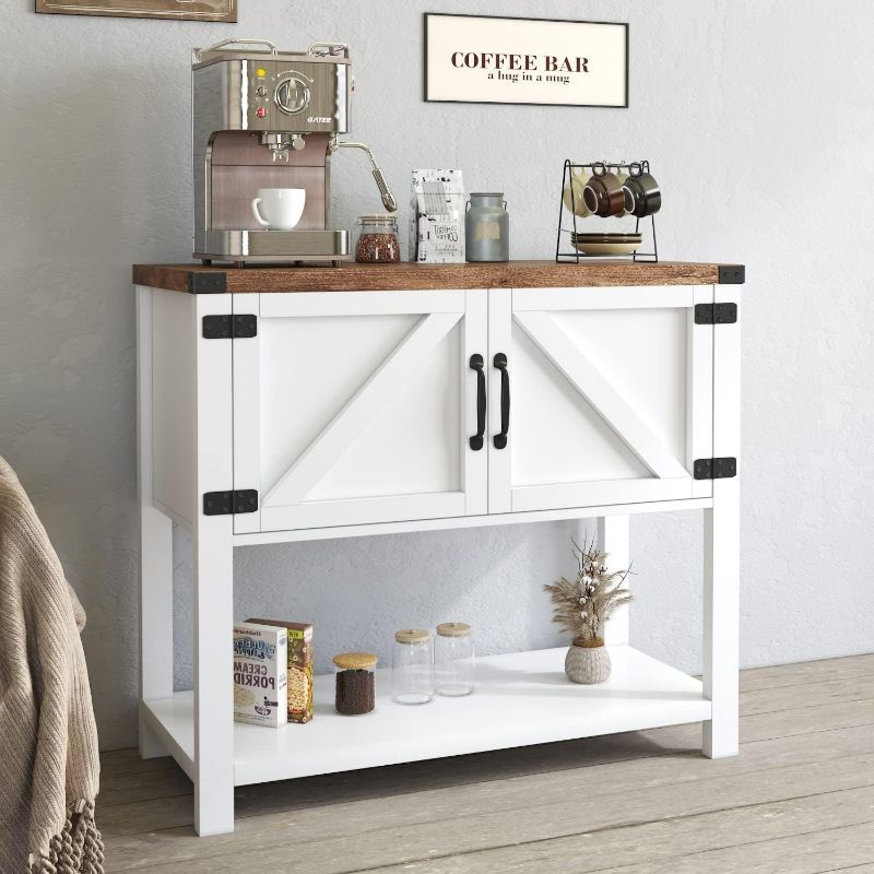 Photo 1 of HOMBCK Farmhouse Coffee Bar Cabinet with Doors, White Entryway Table with Storage, Console Sofa Table, Small Coffee Bar with Barn Door for Dining Room, Hallway, White