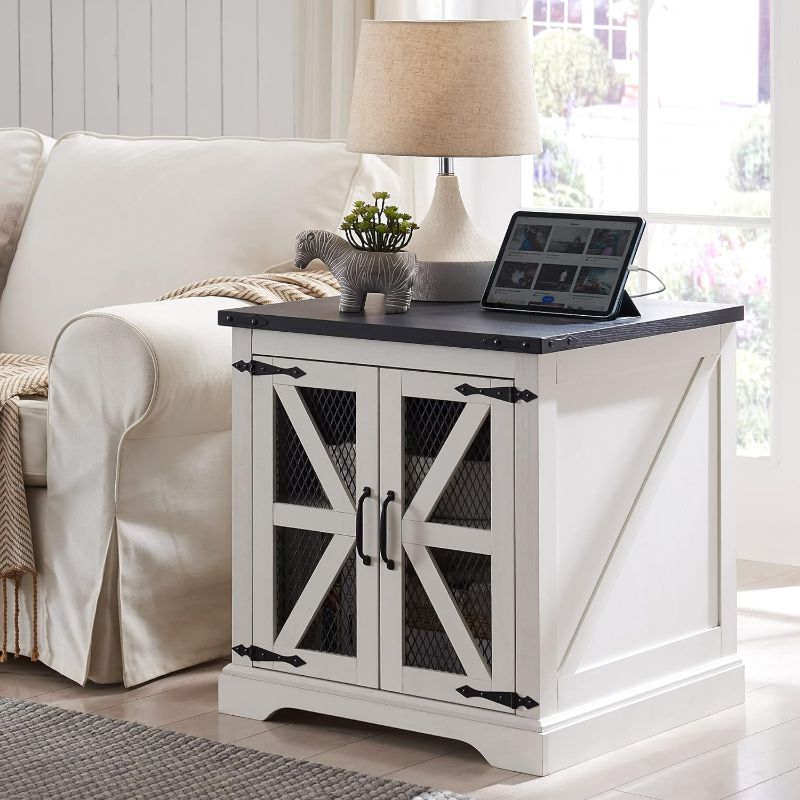 Photo 1 of Farmhouse End Table, 24" Large Sofa Side Table with Charging Station, Mesh Barn Door, and Adjustable Storage Shelf, Rustic Wood Square Nightstand for Living Room, Bedroom, Office, White