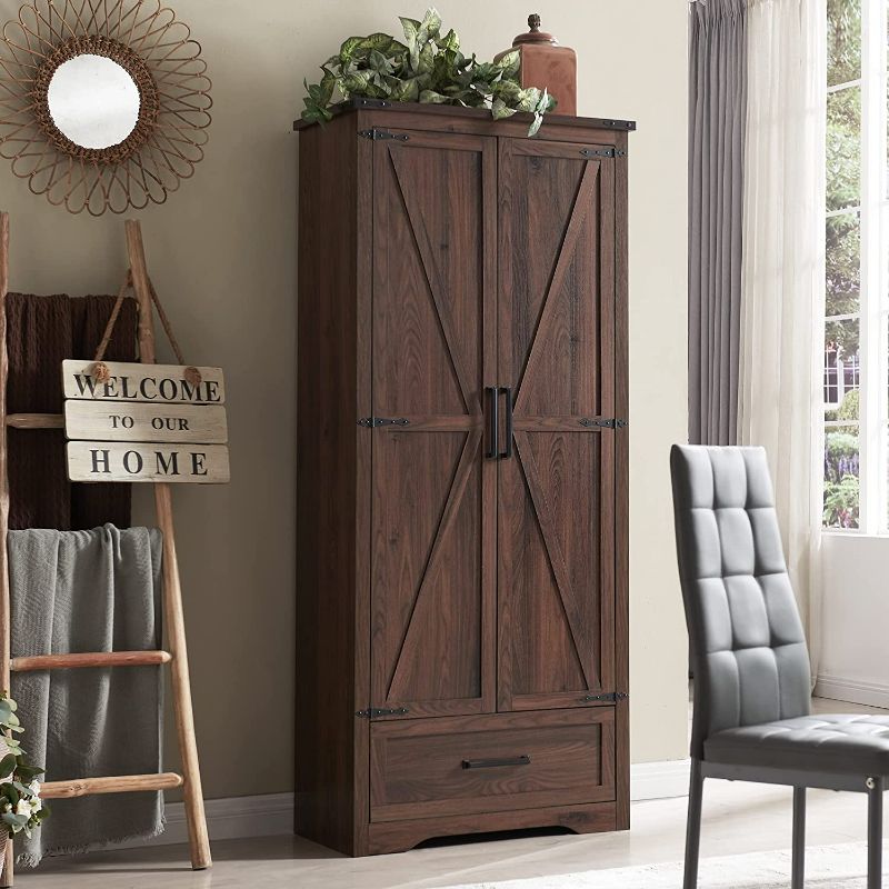 Photo 1 of Farmhouse 2-Door Storage Cabinet with Adjustable Storage Shelves and 1 Drawer for Bathroom and Living Room, Brown