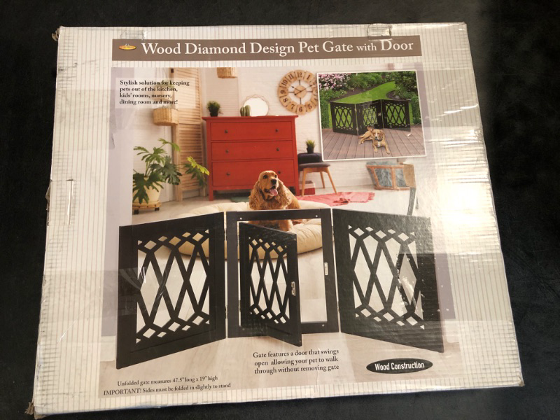 Photo 2 of Etna 3-Panel Diamond Design Wood Pet Gate - Decorative Black Tri Fold Dog Fence for Doorways, Stairs - Indoor/Outdoor Pet Barrier 