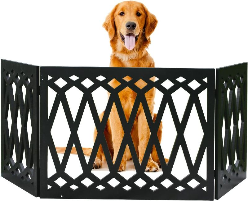 Photo 1 of Etna 3-Panel Diamond Design Wood Pet Gate - Decorative Black Tri Fold Dog Fence for Doorways, Stairs - Indoor/Outdoor Pet Barrier 
