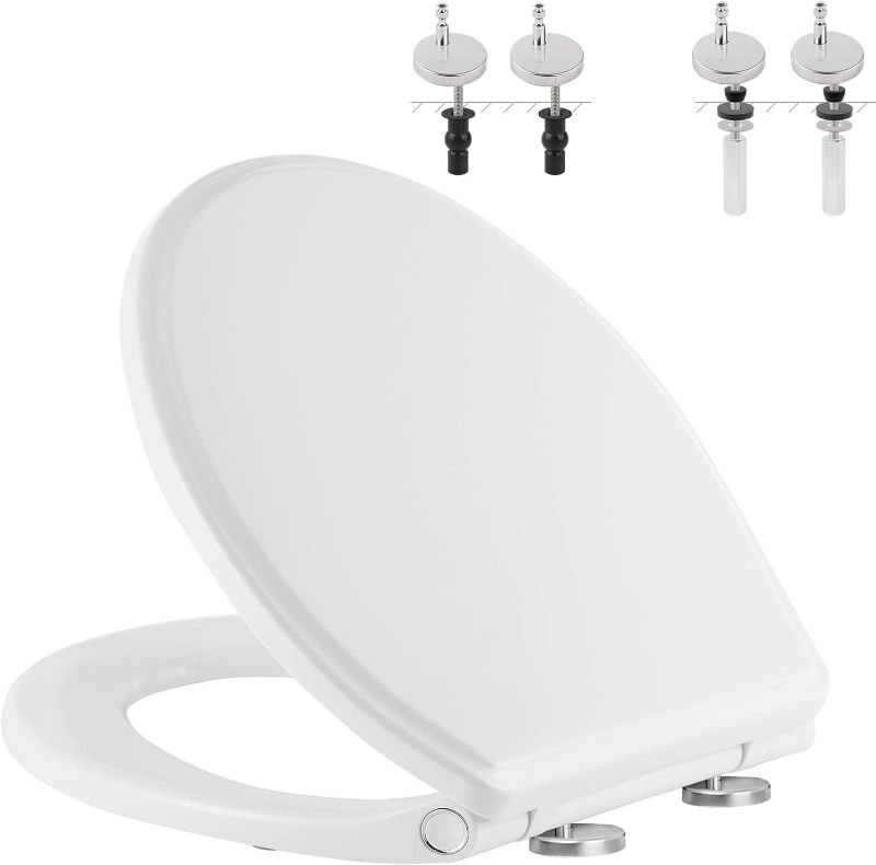 Photo 1 of Hibbent Premium Round Toilet Seat with Cover Quiet Close, One-Click to Quick Release, Easy Installation Non-Slip Seat Bumpers, Slow Close Toilet Seat and Cover, Easy Cleaning-White Color
