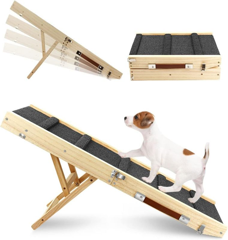Photo 1 of Adjustable Dog Ramp, Wooden Folding Portable Pet Ramp,Rated for 30 LBS, 32.6" Long and Adjustable from 10" to 19" with Non-Slip Traction Mat, Dog Step for Bed, Couch,Car