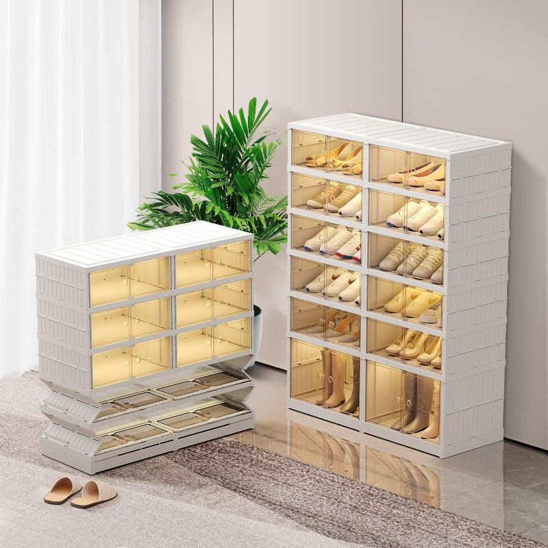 Photo 1 of CIMLORD 6-Tier Foldable Shoe Rack Organizer for Closet 24Pairs Plastic Shoe Rack Shelf Collapsible Shoes Storage Box Clear Shoe Boxes Stackable with Door Easy Assembly Shoe Cabinet with Lids Large