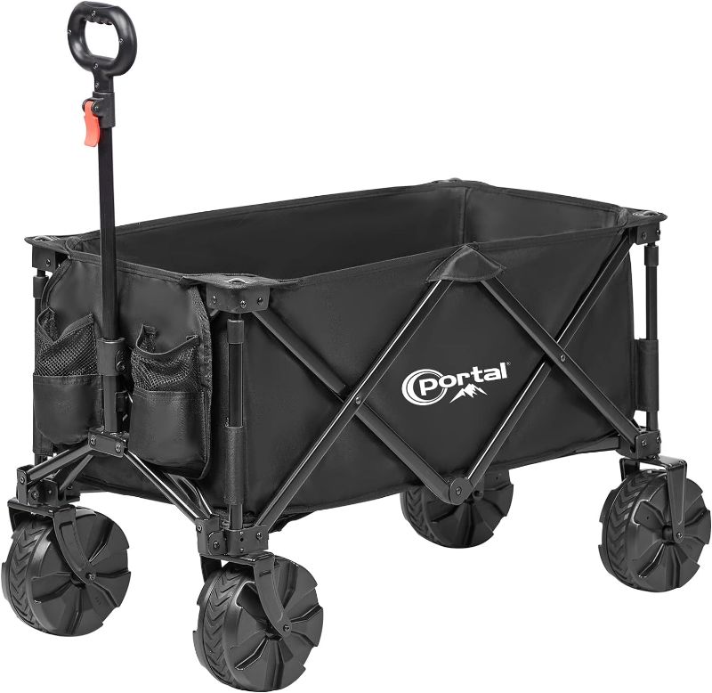 Photo 1 of PORTAL Collapsible Folding Utility Beach Wagon Carts Heavy Duty with All Terrain Wheels for Outdoor, Camping, Garden, Shopping, Groceries, Foldable, Large Capacity, Portable, Black