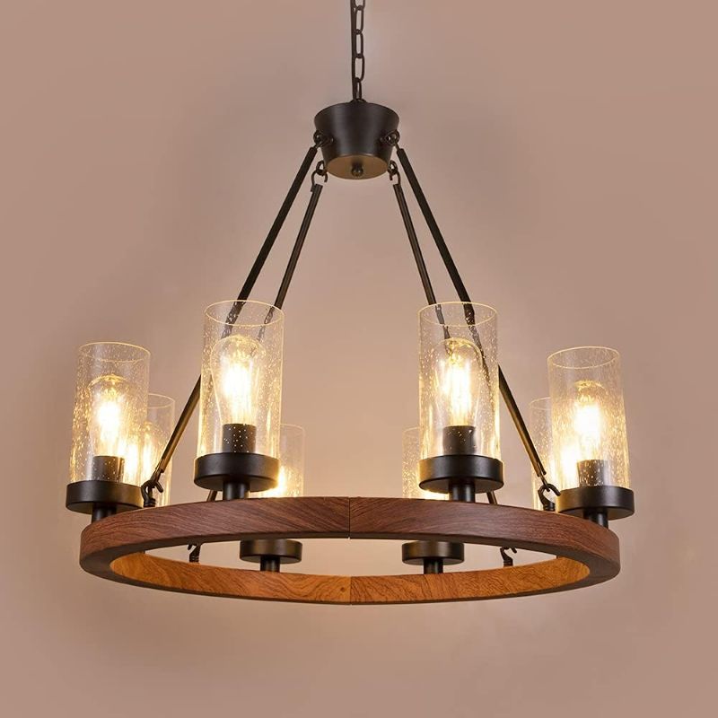 Photo 1 of Wellmet Farmhouse Chandelier, Wood Wagon Wheel Chandelier with Seeded Glass Shade, Hanging Rustic Round