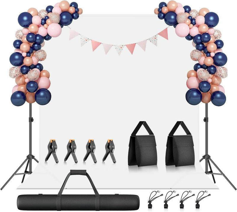 Photo 2 of EMART Photography Backdrop Stand Kit 7 x 10 ft with White Background Backdrop, Adjustable Background Support System with Portable Large Polyester Fabric Screen for Photo Video Studio, Party, Live