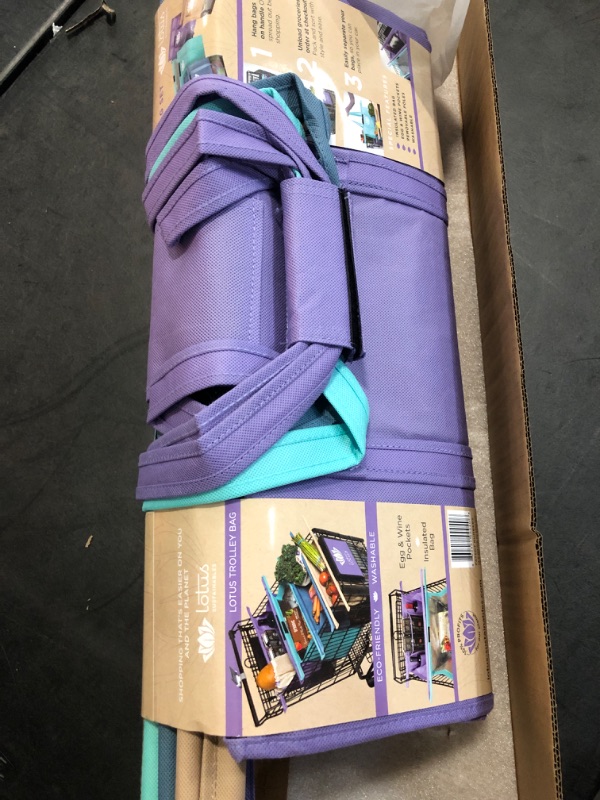 Photo 2 of Lotus Trolley Bag - Reusable Shopping Bags (Set of 4), Grocery Bags with Insulated Cooler & Egg/Wine Holder, Foldable, Washable Grocery Cart Bags, Multi-use Tote Bags (Purple, Turquoise, Blue, Brown)
