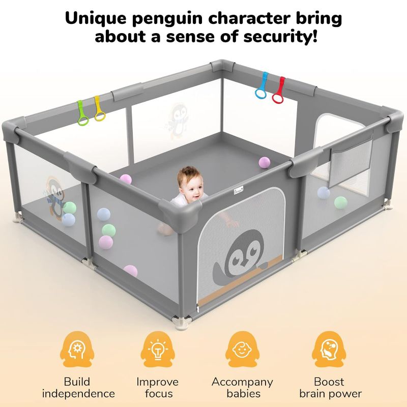 Photo 2 of Baby Playpen for Babies and Toddlers, Extra Large Baby Fence with Unique Little Penguin Character Design, Li'l Pengyu Soft Breathable Mesh Baby Playard for Indoor & Outdoor
