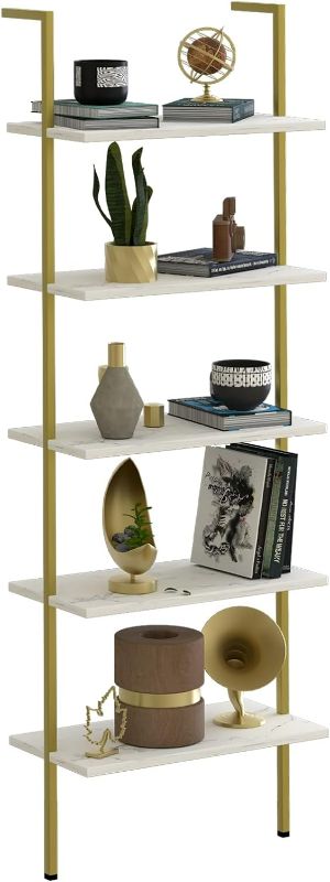 Photo 1 of aboxoo Ladder Shelf White Marble Open Bookshelf Wall-Mounted Wood Rack Industrial Modern Plant Flower Stand Utility Organizer Bookcase Metal Frame Furniture Office Kitchen Bedroom