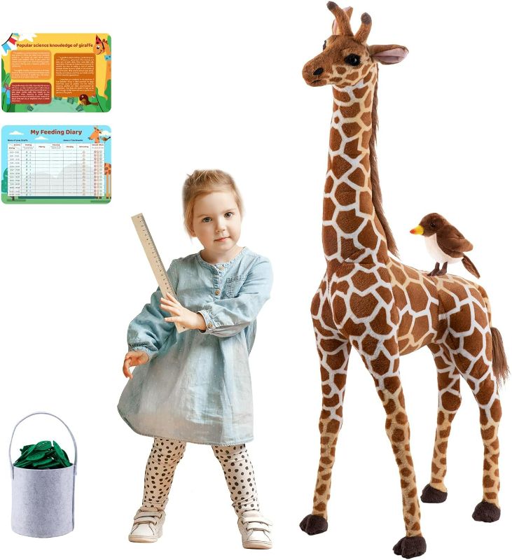 Photo 1 of BRINJOY Giant Giraffe Stuffed Animal Set, 47 Inch Large Plush Giraffe Toy with Bird&Basket&Leaves&Card, Big Lifelike Standing Giraffe for Girls Boys