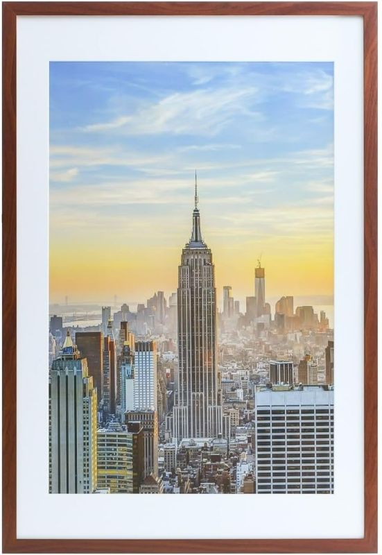 Photo 1 of Frame Amo 24x36 Walnut Brown Picture Frame with 19.5x29.5 White Mat Opening for 20x30 Image, 1 Inch Border, Acrylic Face