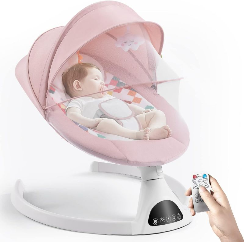 Photo 1 of Baby Swing for Infants, Electric Portable Baby Swing for Newborn, Bluetooth Touch Screen/Remote Control Timing Function 5 Swing Speeds Baby Rocker Chair with Music Speaker 5 Point Harness Pink