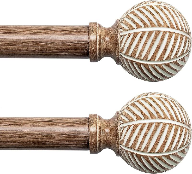 Photo 1 of Wood Curtain Rods for Windows: 1 Inch Diameter Adjustable Drapery Rods, Decorative Window Curtain Rods with Imitation Wood Grain Leaf Pattern Finials,2 Pack Heavy Duty Curtain Rods