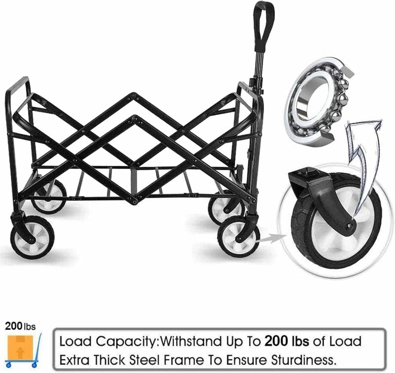 Photo 2 of Collapsible Foldable Wagon, Beach Cart Large Capacity, Heavy Duty Folding Wagon Portable, Collapsible Wagon for Sports, Shopping, Camping (Black, 1 Year Warrant)