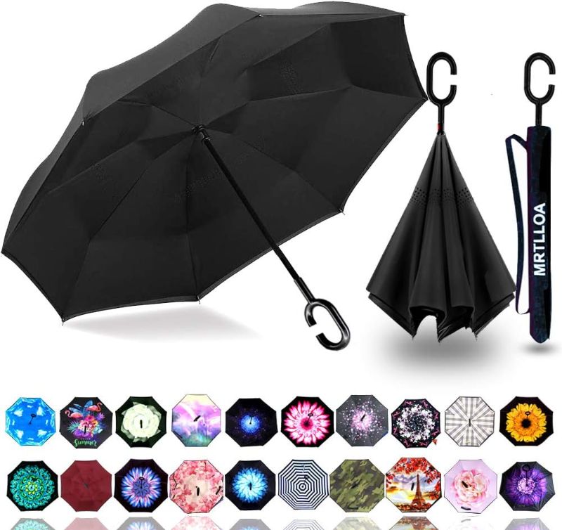 Photo 1 of MRTLLOA 40/49/56 Inch Large Windproof Inverted Reverse Umbrella with UV Protection, C-Shaped Handle, Double Layer, Stick Rain Umbrella for Men, Women and Children (Black, 49 Inch)