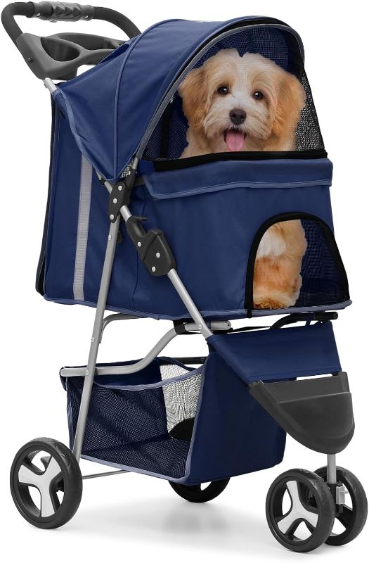 Photo 1 of MoNiBloom 3 Wheels Pet Stroller, Foldable Dog Cat Cage Jogger Stroller with Weather Cover for All-Season, Storage Basket and Cup Holder, Breathable and Visible Mesh for Small/Medium Pets, (grey)