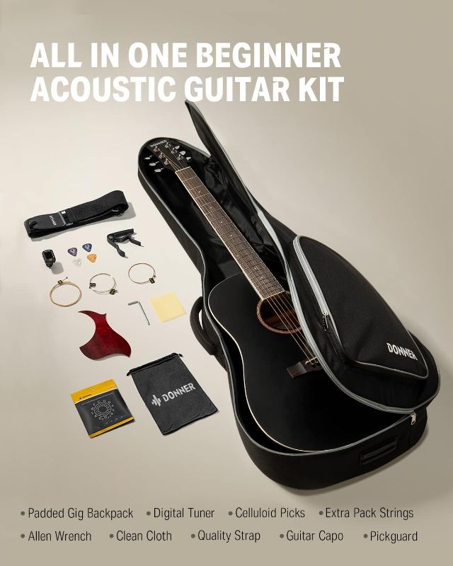 Photo 2 of Donner Black Acoustic Guitar for Beginner Adult Full Size Cutaway Acustica Guitarra Bundle Kit with Free Online Lesson Gig Bag Strap Tuner Capo Pickguard Pick, Right Hand 41”, DAG-1CB/DAD-160CD Black Cutaway